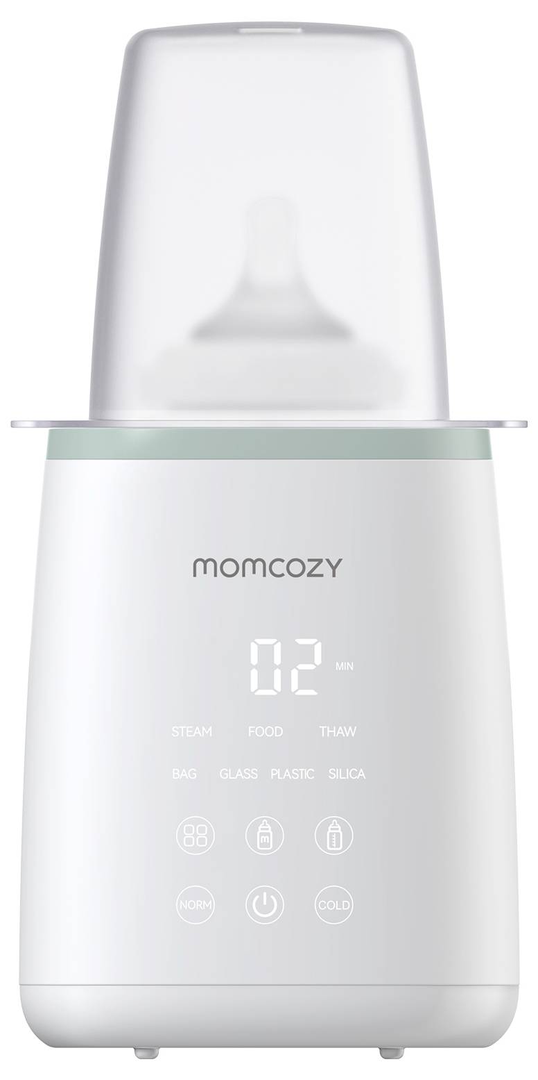 Un stérilisateur numérique de biberons avec un affichage indiquant '02 min'. Il dispose de boutons étiquetés Vapeur, Aliment, Décongélation, Sac, Verre, Plastique, Silicone.