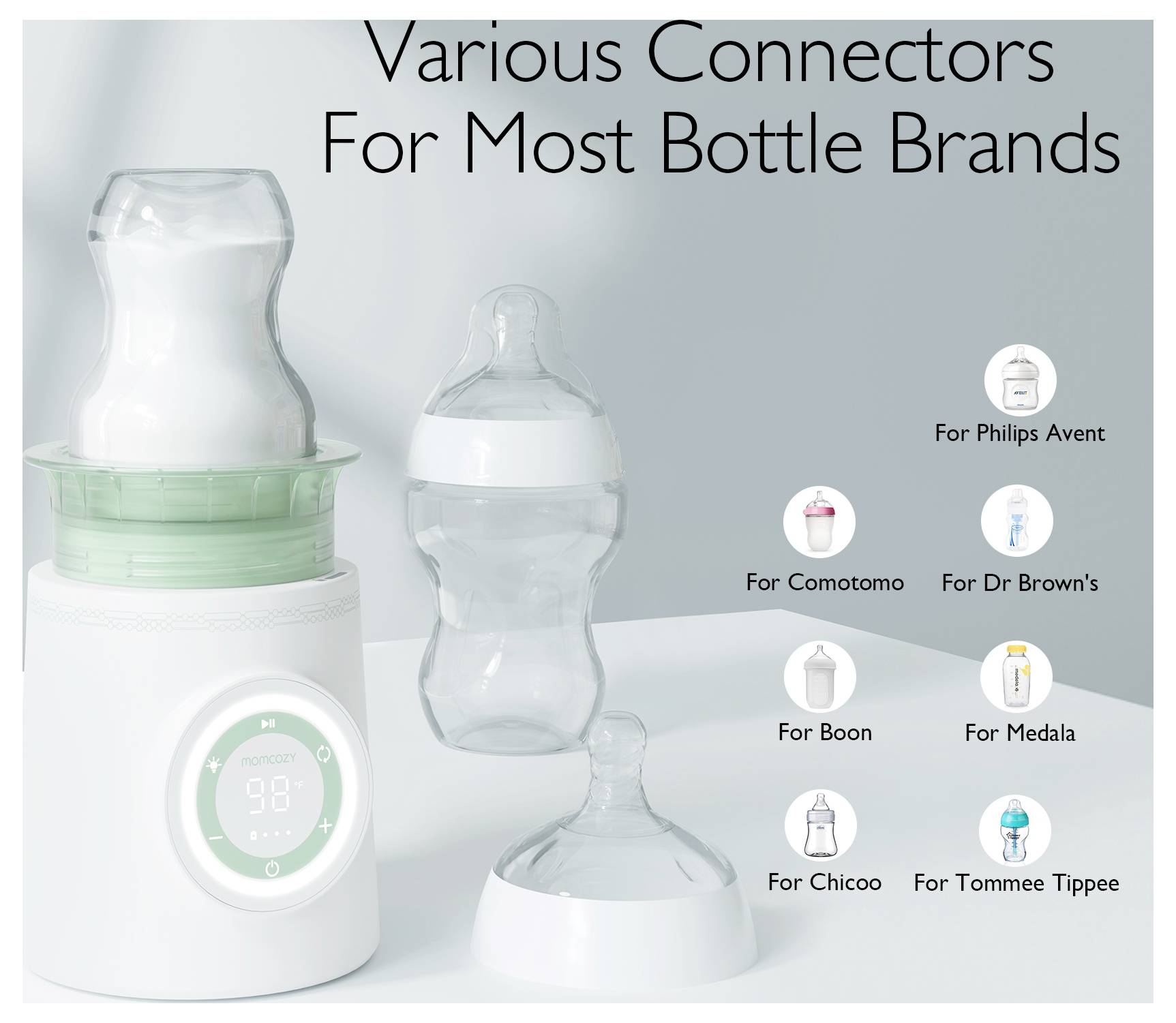 Un chauffe-biberon pour lait maternel avec différents connecteurs, compatible avec des marques comme Philips Avent, Comotomo, Dr. Brown's, et bien d'autres.