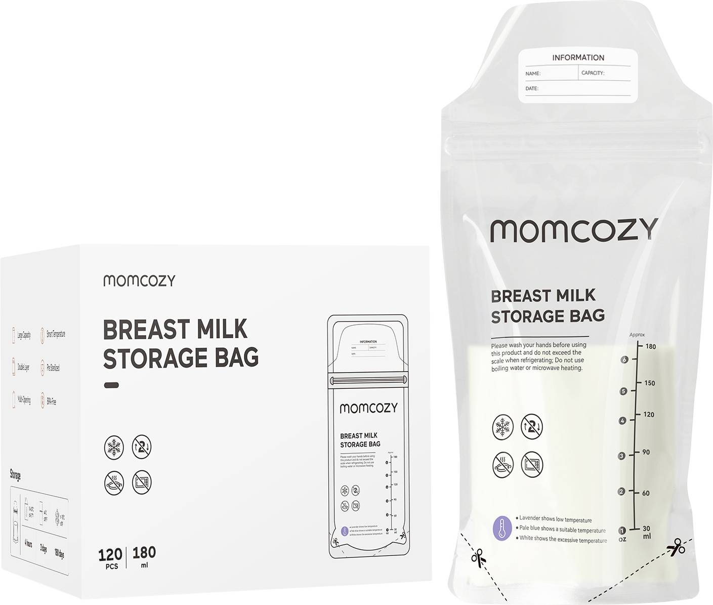Sac de stockage de lait maternel Momcozy, présentant un sachet avec des graduations de mesure et un boîtier mettant en avant les détails du produit.