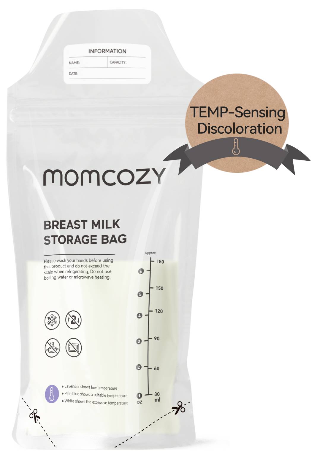 Sac de stockage de lait maternel Momcozy avec fonction de décoloration sensible à la température, capacité jusqu'à 180 ml, et instructions d'utilisation.