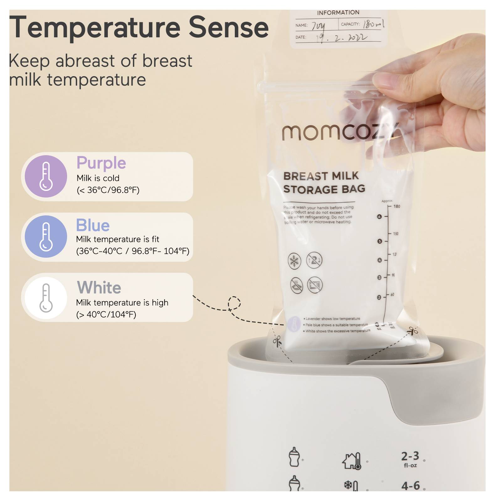 Une main tient un sachet de stockage de lait maternel étiqueté « momcozy », au-dessus d'un appareil. Trois icônes montrent des plages de température : Violet (froid), Bleu (adapté), Blanc (chaud).