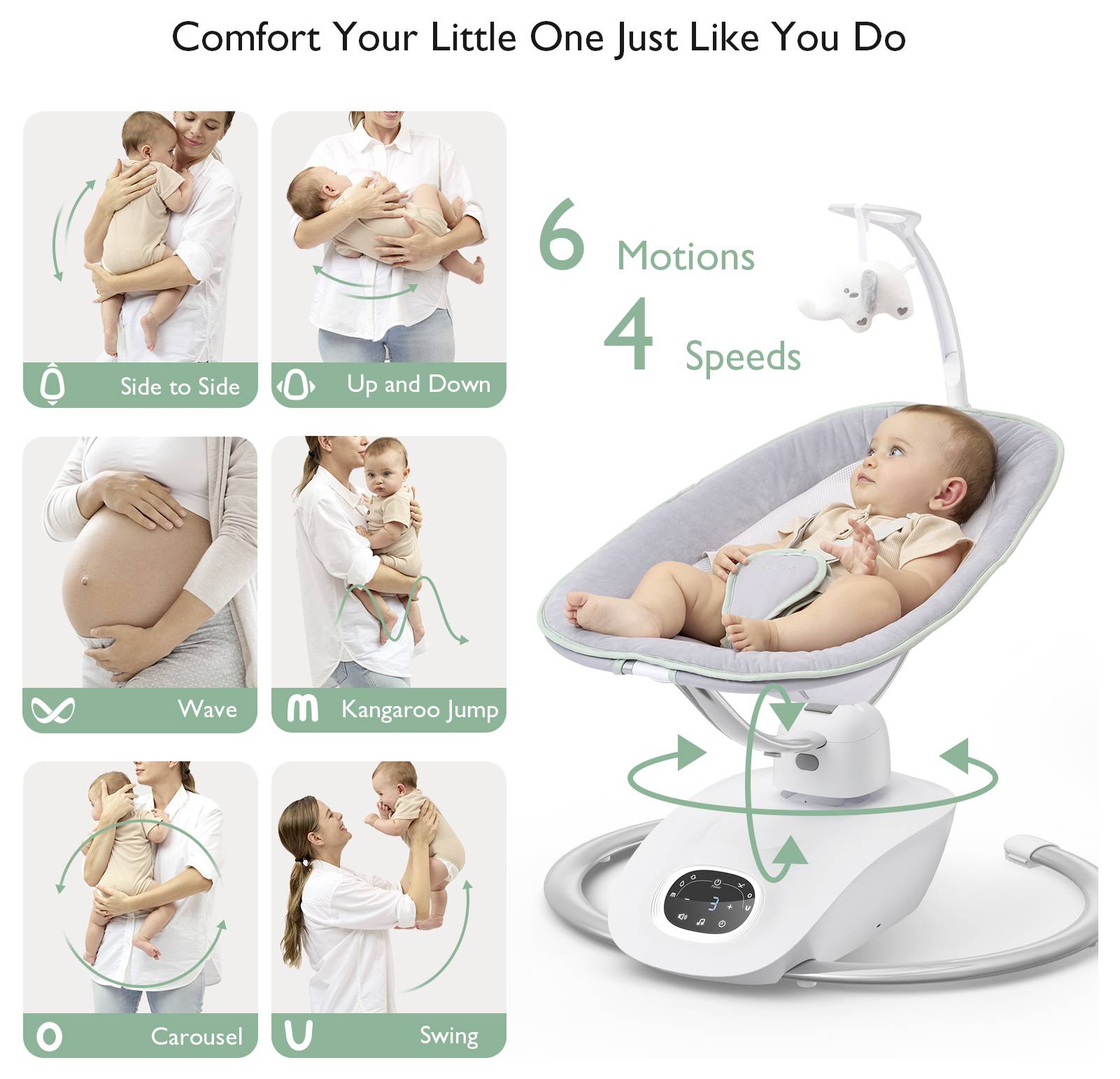Un siège bébé offrant 6 mouvements et 4 vitesses. Comprend des mouvements latéraux, de haut en bas, en vague, de saut de kangourou, de carrousel et de balancement.