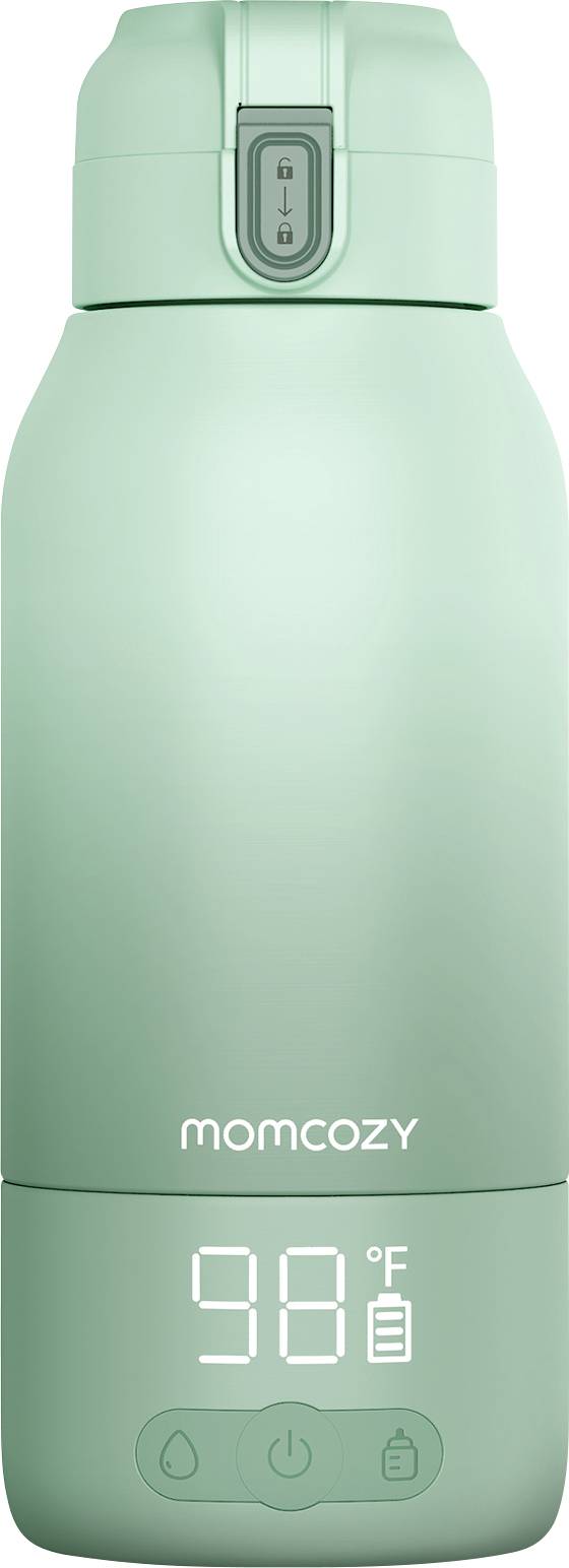Une bouteille d'eau isolée verte affichant '98°F' sur un écran LED, avec le nom de marque 'Momcozy' visible.