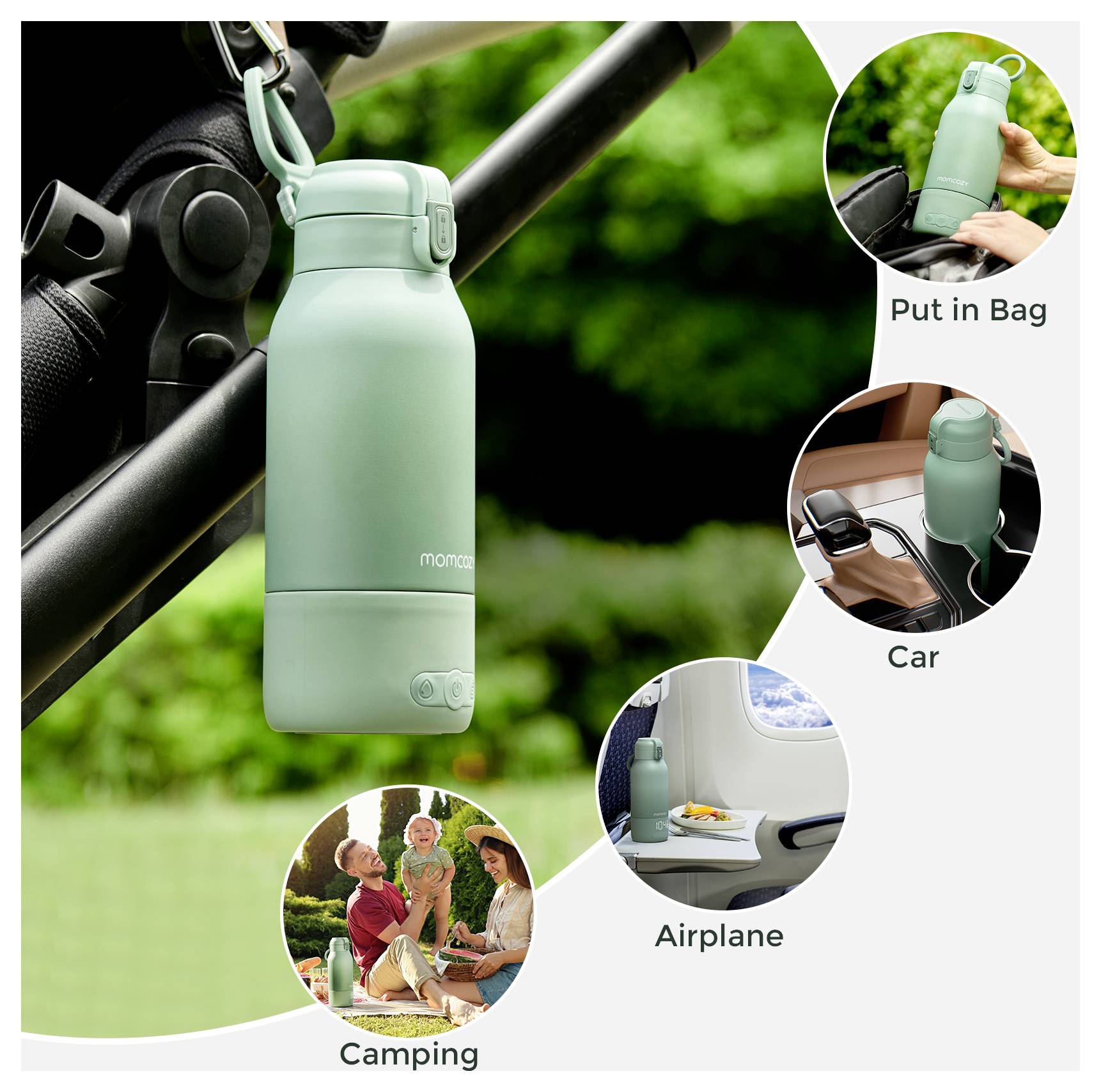 Une bouteille isotherme verte est montrée attachée à une poussette, avec des images supplémentaires illustrant son utilisation dans une voiture, un avion, dans un sac et lors d'un camping.