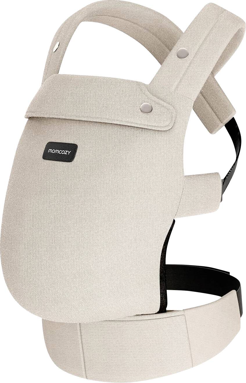 Un porte-bébé beige avec des sangles réglables et une ceinture rembourrée, conçu pour un soutien ergonomique et un confort optimal.