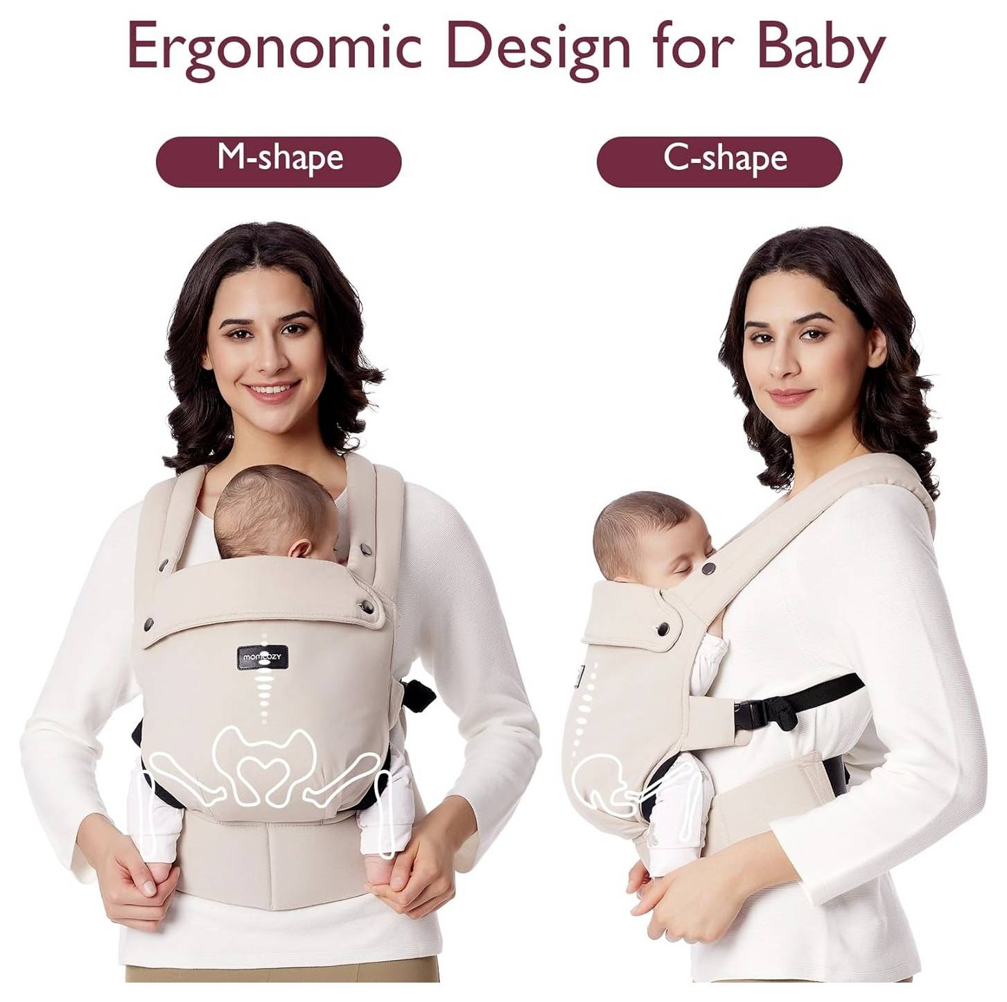 Deux femmes démontrent des porte-bébés. À gauche, un portage en forme de 'M' avec les jambes du bébé écartées ; à droite, un portage en forme de 'C' avec les jambes du bébé plus rapprochées.