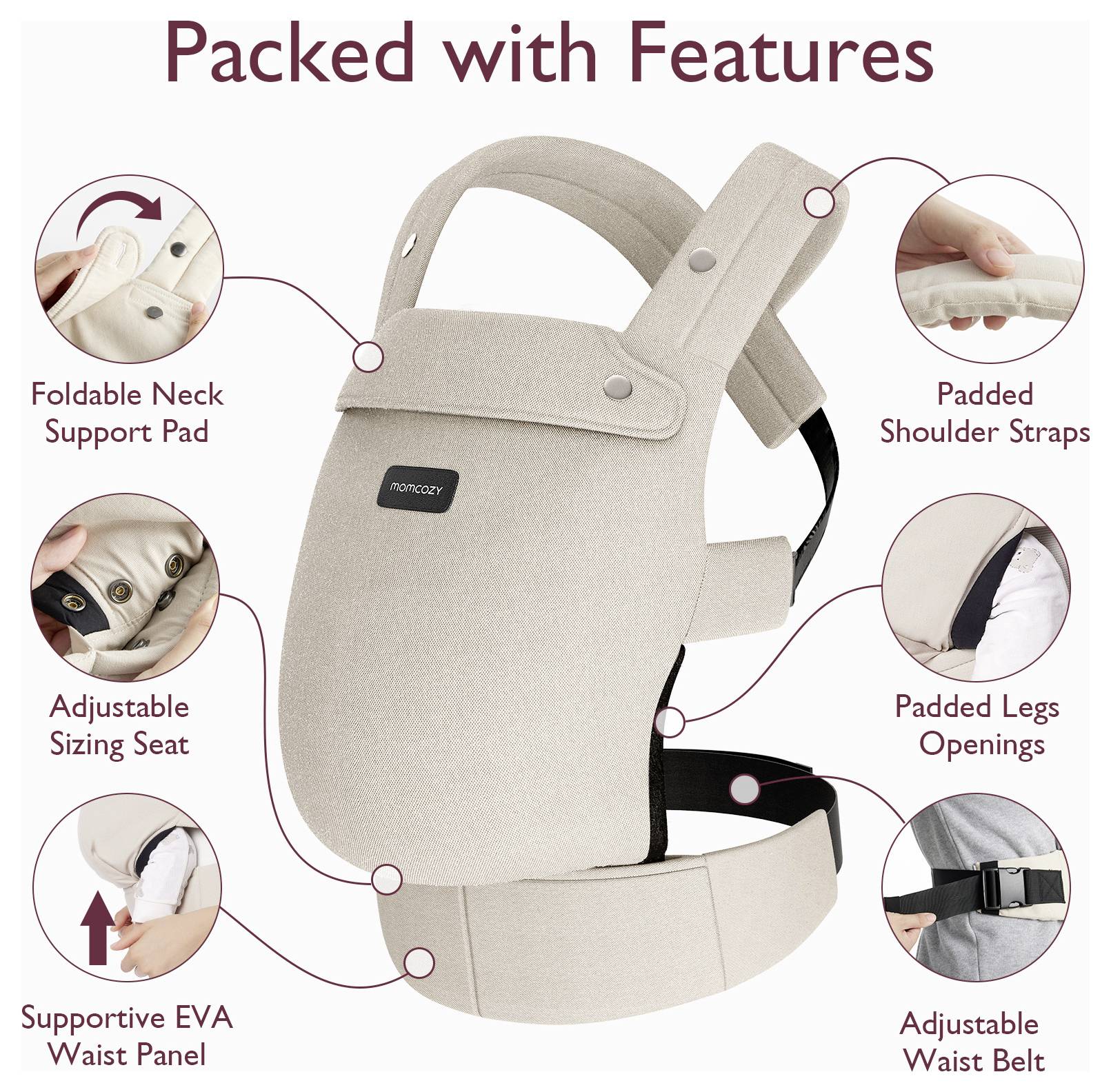 Porte-bébé avec coussin de nuque pliable, siège ajustable, coussin lombaire en EVA supportant, bretelles rembourrées et ouvertures pour les jambes.