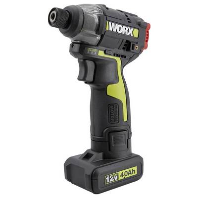 Une perceuse sans fil de marque 'Worx' dotée d'une batterie 12V 4.0Ah, présentant un design compact, une poignée ergonomique et un détail vert vif.