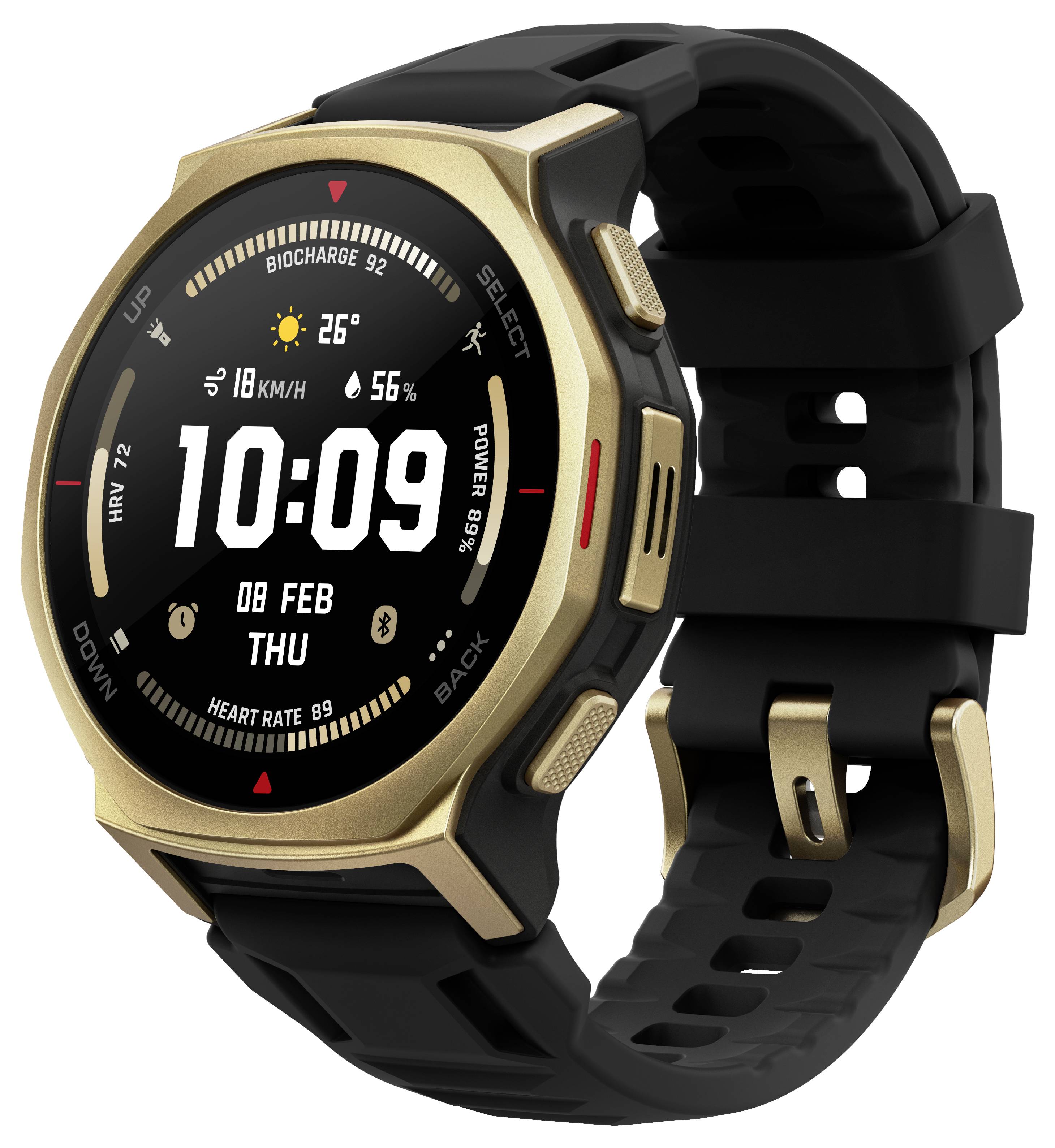 Montre intelligente ronde or et noir avec bracelet noir, affichant l'heure numérique 10:09, la météo 26°, la date 08 fév jeu, et les statistiques de remise en forme à l'écran.