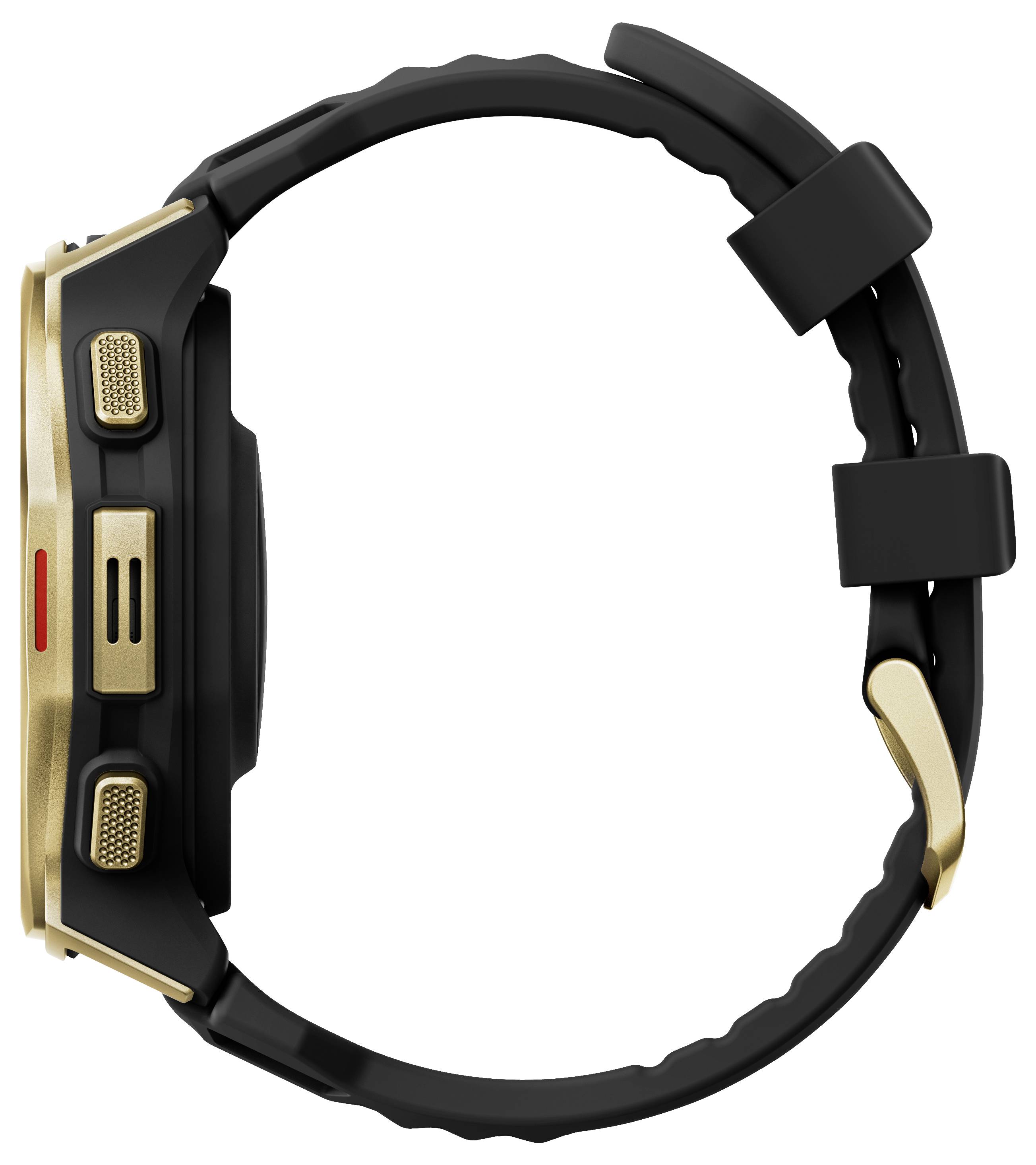 Vue latérale d'une montre intelligente noire et or avec un bracelet circulaire, montrant le boîtier de la montre et les boutons latéraux.
