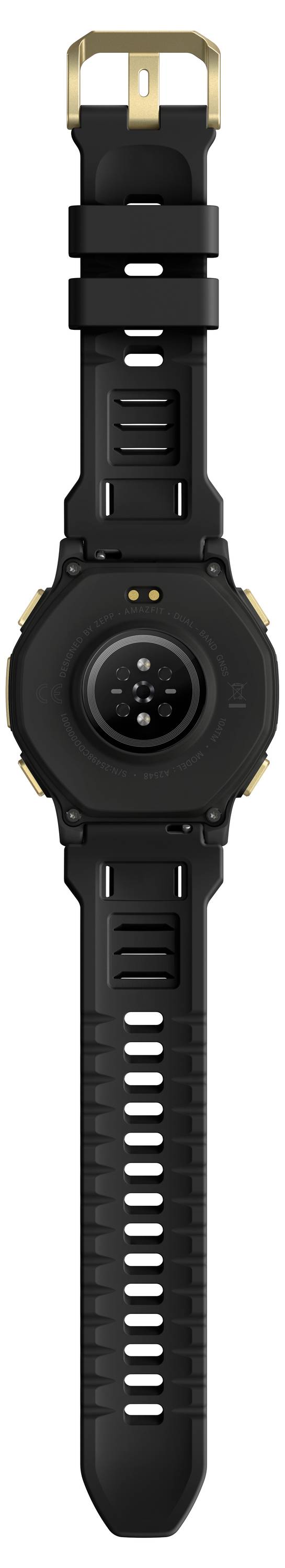 Montre intelligente ronde noire vue de l'arrière, avec un fermoir boucle de couleur or et un long bracelet en silicone perforé.