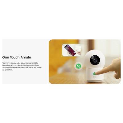 Caméra intelligente 'AOSU' sur une table en bois avec une personne pointant son bouton d'appel. Texte en allemand mettant en évidence sa fonction de contact rapide.