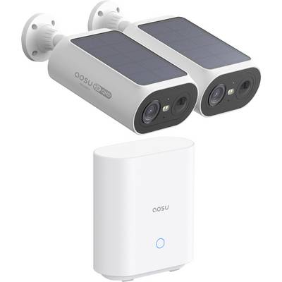 Deux caméras de sécurité à énergie solaire et un dispositif de hub séparé. Les caméras sont étiquetées « aosu 2K QHD » et conçues pour une utilisation en extérieur.
