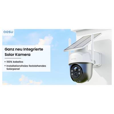 Une caméra de sécurité alimentée par énergie solaire, équipée d'un panneau sur le dessus, est fixée à un mur. Le texte met en évidence sa fonction 'totalement sans fil'.
