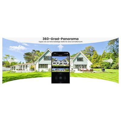 Panorama à 360 degrés de maisons avec des arbres sous un ciel bleu. L'interface du smartphone affiche la vue panoramique, permettant une interaction pour un changement de vue rapide.
