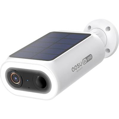 Caméra de sécurité alimentée par énergie solaire avec résolution UHD 4K, montée sur un support mural blanc.
