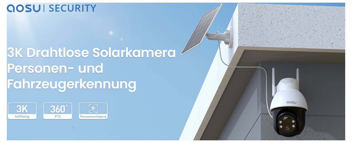Caméra de sécurité Aosui montée sous un panneau solaire ; le texte indique « Caméra solaire sans fil 3K avec détection de personnes et de véhicules ».