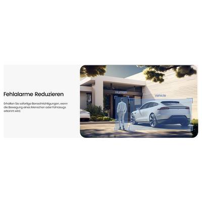 Une personne marche vers une voiture blanche garée devant une maison moderne, avec les étiquettes « Humain » et « Véhicule » mettant en évidence une fonctionnalité de surveillance.