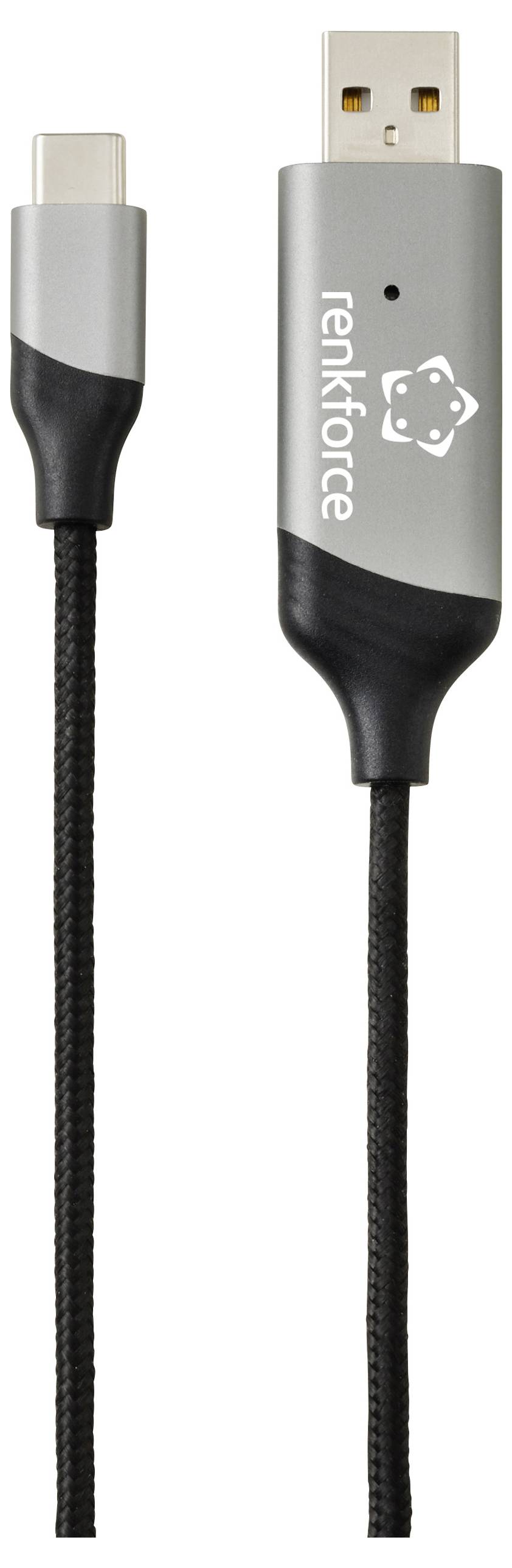 Un câble USB-C vers USB-A pour le transfert de données et la charge, présentant un design tressé et étiqueté « renkforce » avec un logo sur le côté.