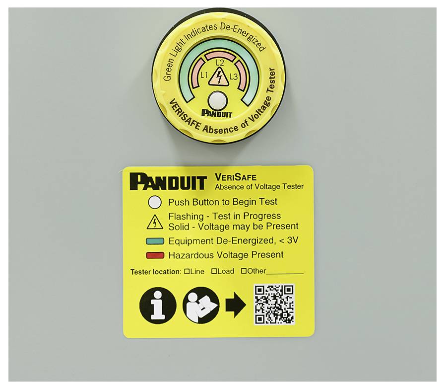 Testeur d'absence de tension Panduit VERISAFE avec indicateur montrant le statut de tension. Les instructions détaillent comment commencer le processus de test.