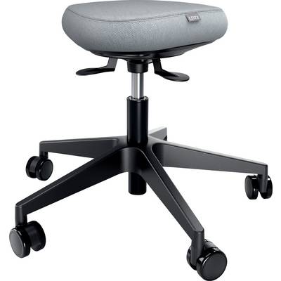 Un tabouret de bureau gris rembourré, doté d'une base ajustable noire et de cinq roulettes noires, adapté à un environnement de travail moderne.