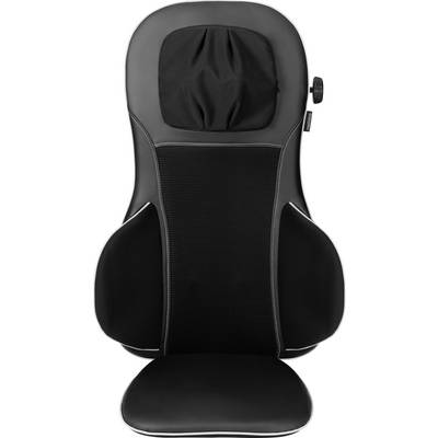 Un coussin de chaise de massage noir et gris avec un appui-tête réglable et un bouton de contrôle, conçu pour un support ergonomique et un soutien lombaire.