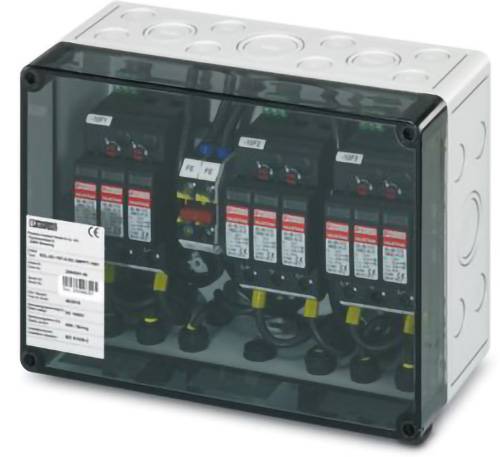 Un boîtier de jonction électrique rectangulaire avec un couvercle transparent, montrant plusieurs disjoncteurs étiquetés avec leurs réglages, avec des fils connectés en bas.
