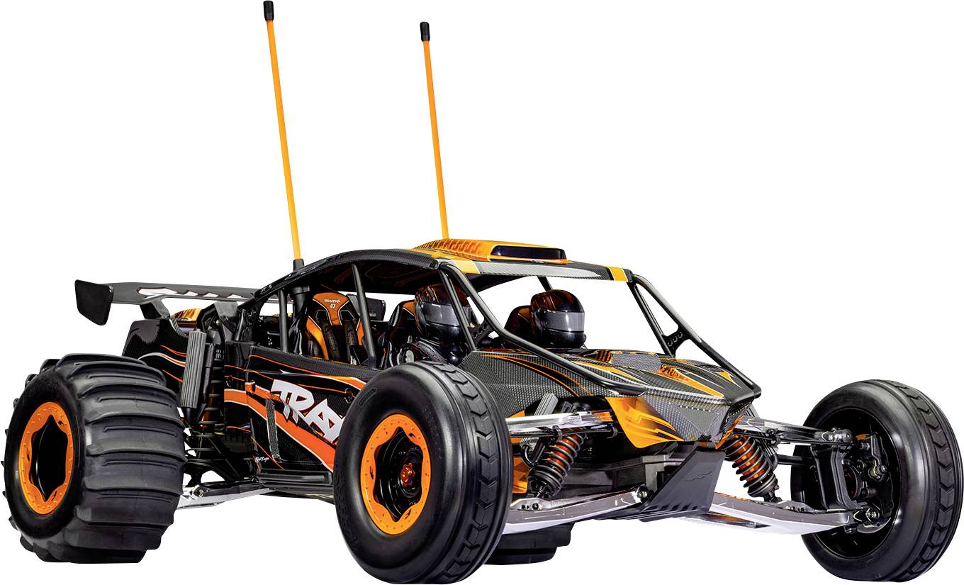 « Buggy télécommandé avec grandes roues, design élégant noir et orange, et deux antennes, conçu pour les courses tout-terrain. »