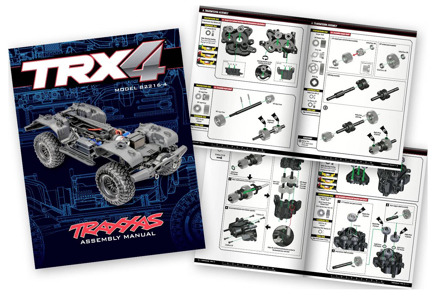 Manuel d'assemblage TRX-4 montrant un diagramme détaillé d'un modèle de véhicule. Les pages ouvertes présentent des pièces et des instructions de montage.