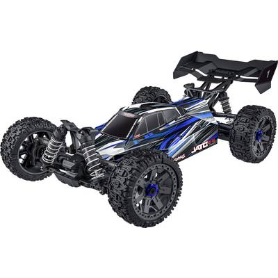 Voiture télécommandée tout-terrain bleue et noire avec de grandes roues et un aileron arrière, conçue pour la course à haute vitesse et les terrains accidentés.
