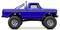 Un camion pick-up bleu surélevé avec de grandes roues tout-terrain et des arceaux de sécurité sur un fond blanc.