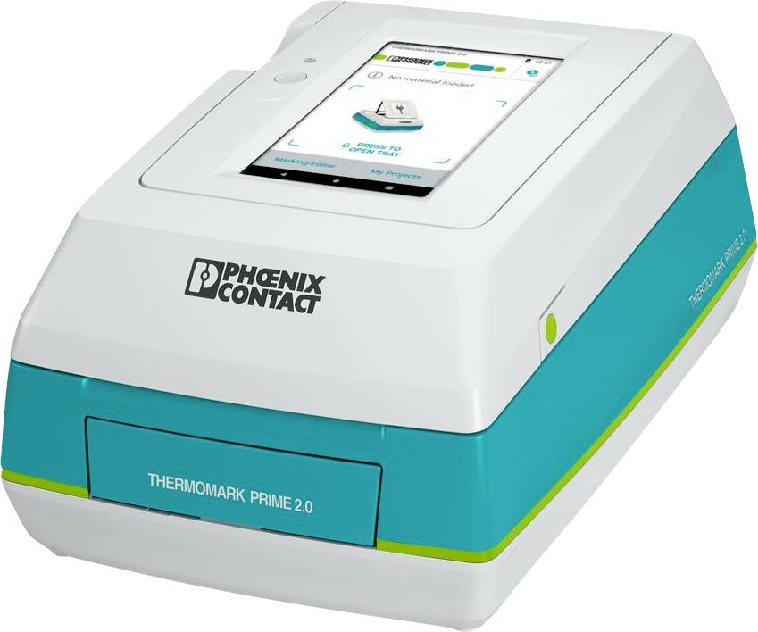 Appareil d'étiquetage portable 'Phoenix Contact Thermomark Prime 2.0' avec interface tactile pour la création et la gestion d'étiquettes.