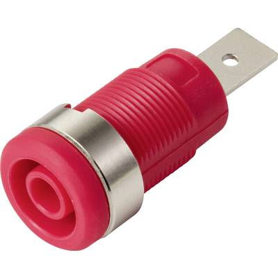 Borne d'attache isolée rouge avec terminal métallique et corps fileté pour des connexions électriques sécurisées.