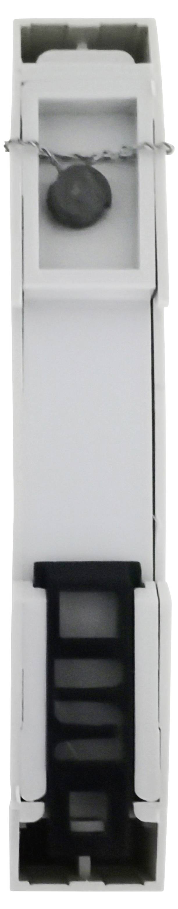 Boîtier blanc en plastique avec un composant circulaire foncé près du haut et une section noire à glissière ou loquet près du bas.