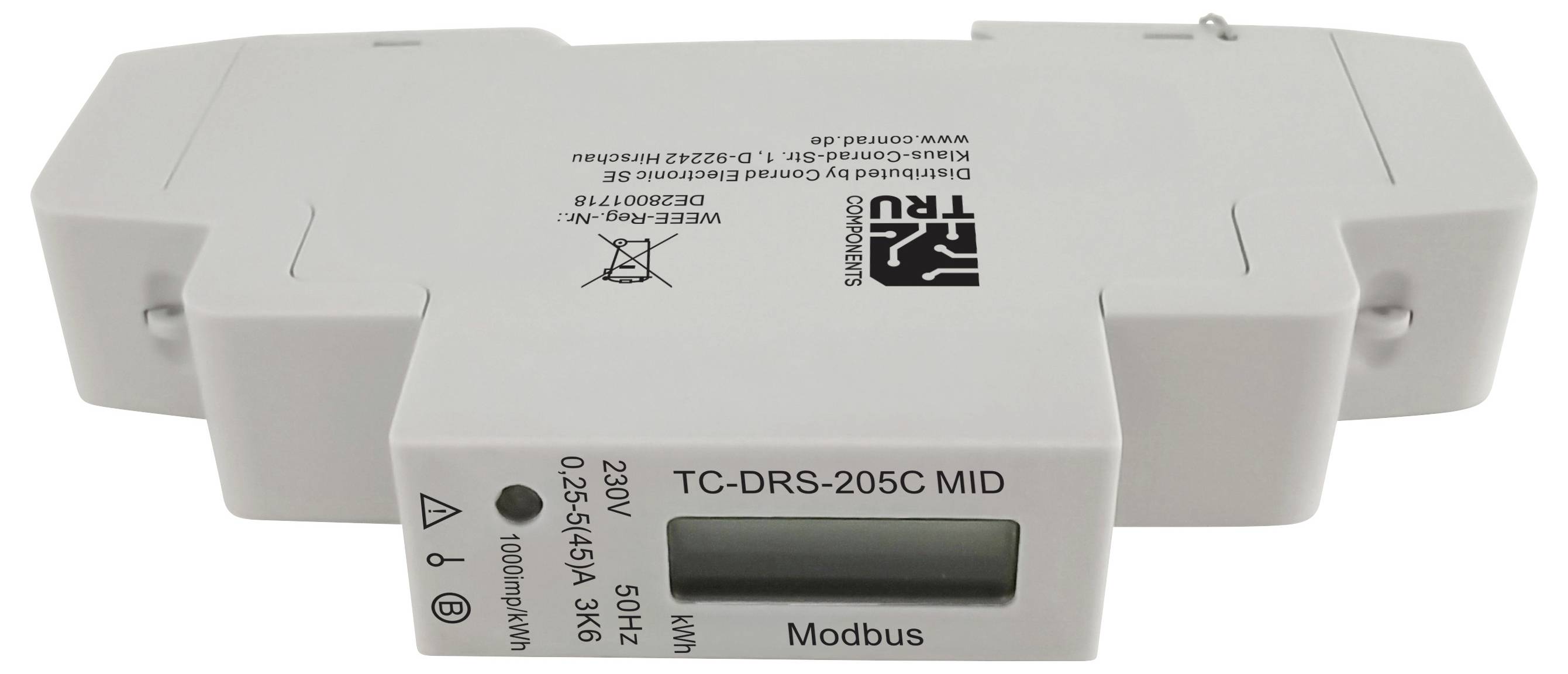 Module de contrôleur Modbus électronique blanc étiqueté « TC-DRS-205C MID » avec petit écran d'affichage et fentes pour bornes sur un fond neutre.