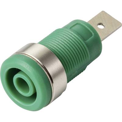 Un composant électrique vert et métallique de forme cylindrique avec une languette métallique plate, probablement un connecteur d'alimentation ou une borne.