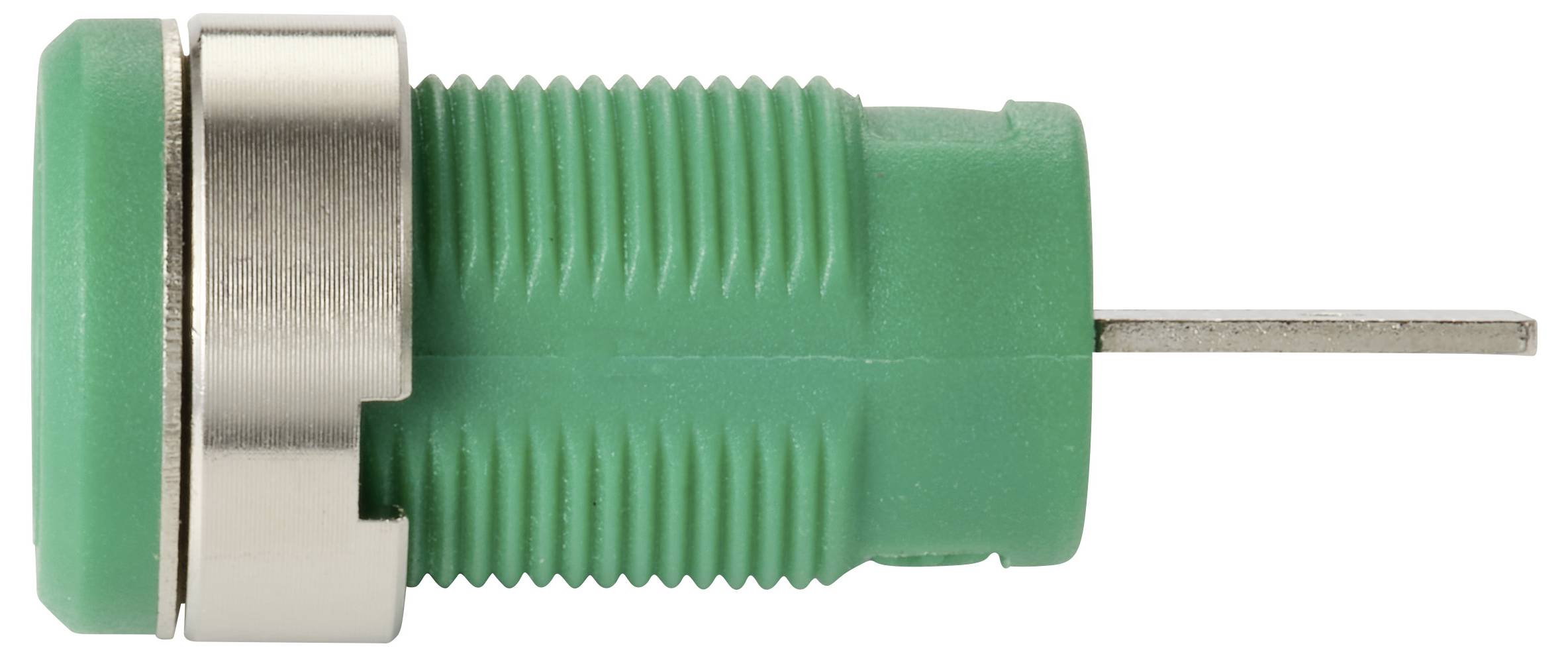 Un commutateur à bouton-poussoir vert et argent avec une broche métallique, couramment utilisé dans les circuits électroniques et les appareils.