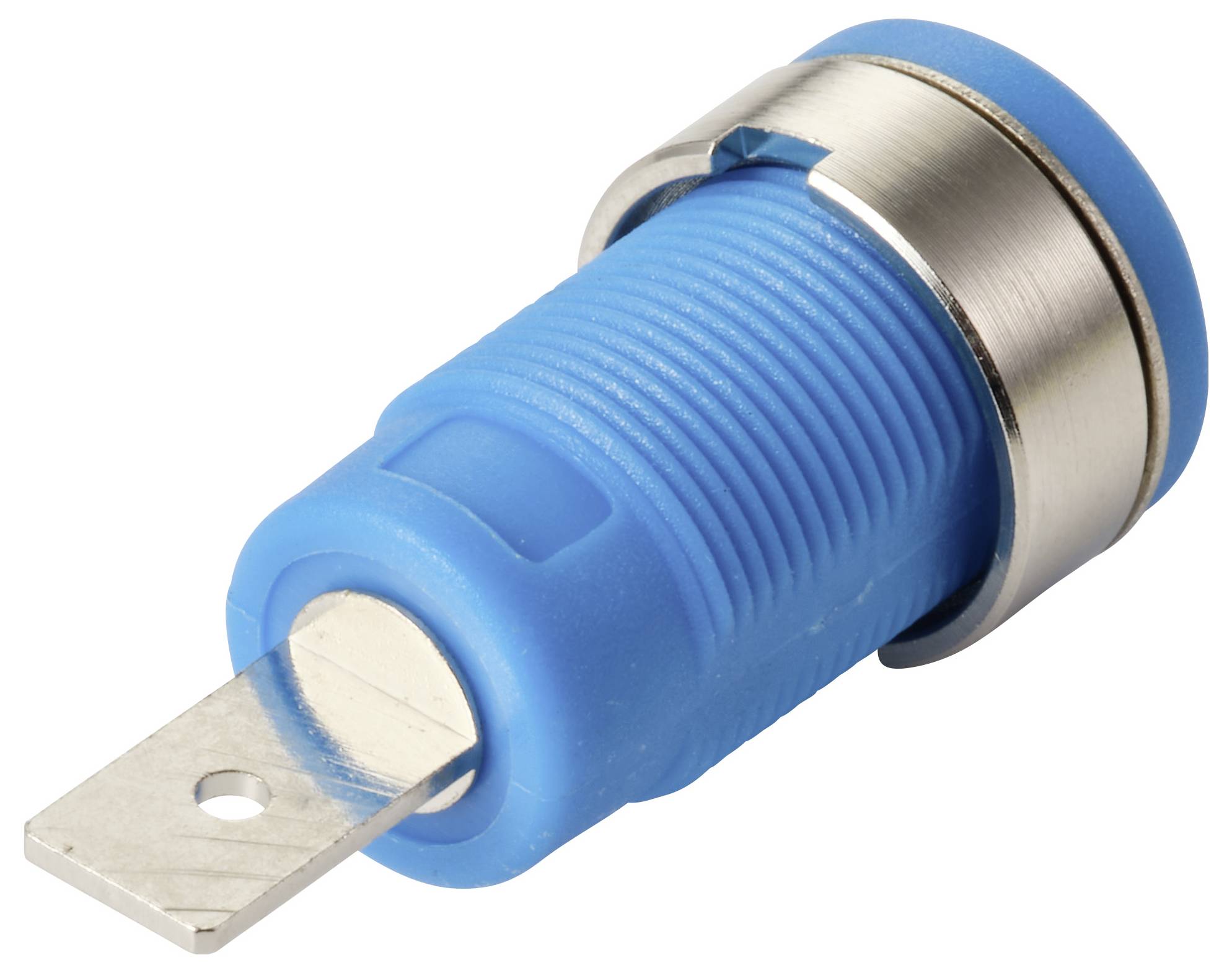 Une image en gros plan d'une fiche de composant électrique métallique et bleu avec une broche métallique plate pour la connexion.