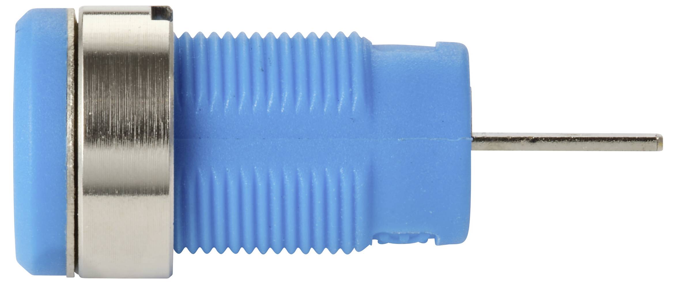 Un bouton poussoir en plastique bleu avec un anneau métallique rond et une goupille métallique qui dépasse, utilisé dans les appareils électroniques pour les applications de commutation.