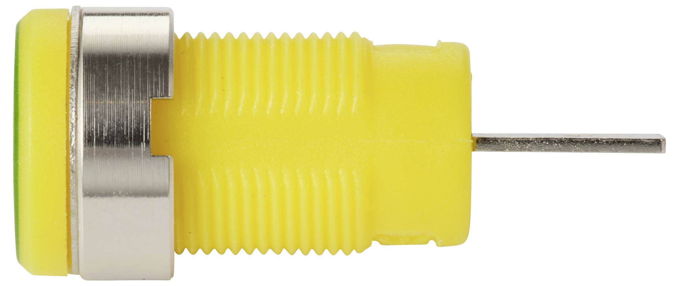 Un bouton d'arcade jaune et argenté avec une fine broche métallique qui dépasse de son côté, généralement utilisé pour les consoles de jeux ou les machines de jeu.