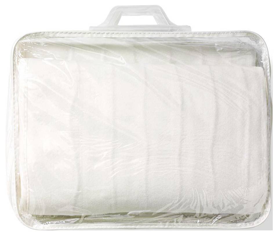 Une couverture blanche pliée est scellée à l'intérieur d'un étui transparent en plastique avec une poignée.