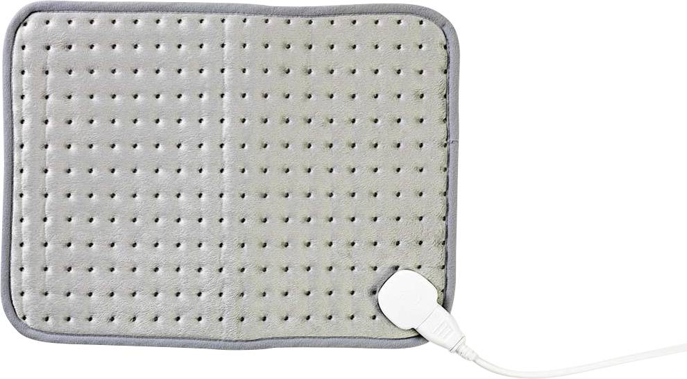 Un coussin chauffant électrique rectangulaire gris avec une surface douce et pointillée, et un cordon d'alimentation blanc attaché au coin.