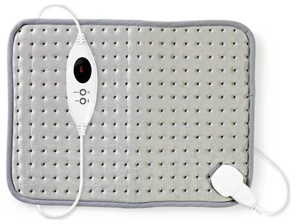 Un coussin chauffant électrique gris avec un contrôleur numérique affichant le réglage de température « 6 ».