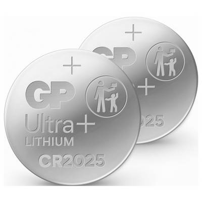 Deux piles au lithium CR2025 argentées, portant des signes plus, des logos et le texte « Ultra Lithium CR2025 », représentant leur marque et leur type.