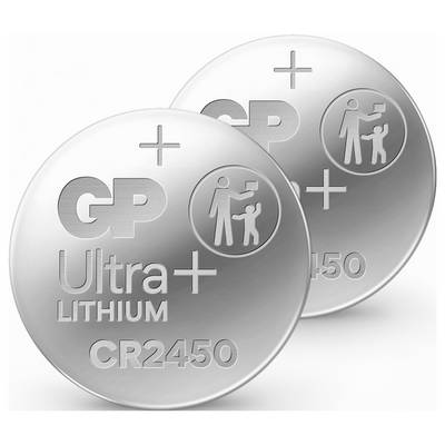 Deux piles au lithium CR2450 argentées, de marque « GP Ultra+ », présentant des icônes de sécurité illustrant les consignes de manipulation correcte des piles.