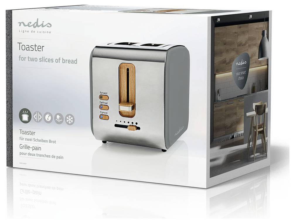 Un boîtier présentant un grille-pain moderne pour deux tranches de pain avec des boutons et un sélecteur de brunissage. La marque « Nedis » est affichée dessus.