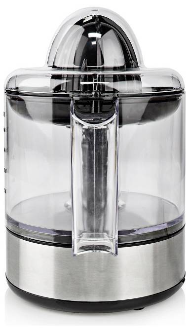 Un presse-agrumes électrique en argent et noir avec un couvercle transparent et un bec verseur, conçu pour presser des fruits comme les oranges et les citrons.