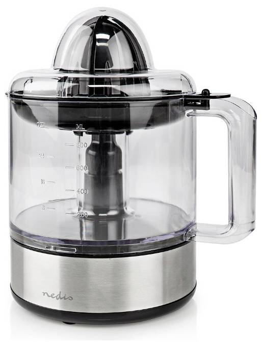 Une presse-agrumes électrique transparente avec un couvercle noir, graduée en millilitres jusqu'à 800, dotée d'un cône rotatif et d'un bec verseur pour verser le jus.