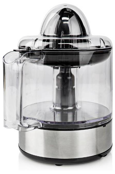 Un presse-agrumes électrique en acier inoxydable et plastique avec un couvercle transparent et un bec verseur, conçu pour extraire le jus des fruits.