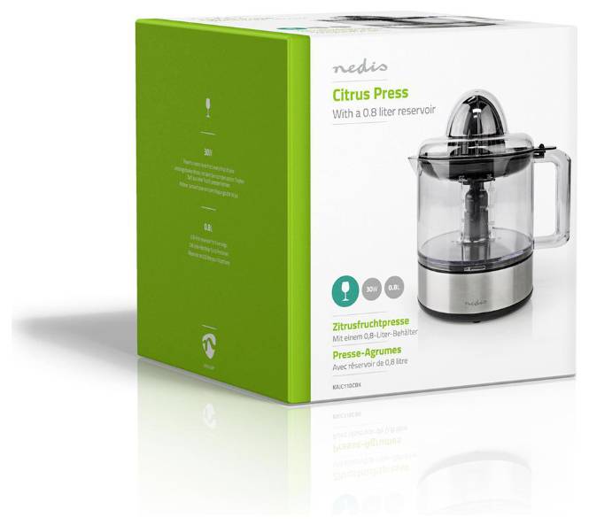 Presse-agrumes Nedis avec réservoir de 0,8 litre, présentant une image de l'appareil sur le côté, conçu pour une utilisation et une efficacité faciles.